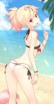  1girl 2016 adam700403 ass ass_cutout back bangs beach bikini black_ribbon blonde_hair blue_sky blush bracelet braid breasts clouds commentary_request dated day flat_ass food from_behind hair_flaps hair_ornament hair_ribbon hairclip highres jewelry kantai_collection keyhole_bikini licking long_hair looking_at_viewer looking_back ocean open_mouth outdoors poi ponytail popsicle red_eyes remodel_(kantai_collection) revision ribbon sand side-tie_bikini single_braid sky small_breasts smile solo strap_gap swimsuit thong thong_bikini tongue tongue_out water whale_tail white_bikini yuudachi_(kantai_collection) 