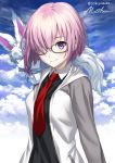  1girl black_shirt breasts character_name clouds creature fate/grand_order fate_(series) fou_(fate/grand_order) glasses hair_over_one_eye hood hoodie jacket long_sleeves looking_at_viewer necktie on_shoulder open_clothes open_jacket pink_hair pocket red_necktie sakiyamama shielder_(fate/grand_order) shirt short_hair sky twitter_username upper_body violet_eyes white_collar white_jacket 