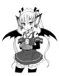 1girl animal_ears cowboy_shot demon_wings earrings greyscale hair_between_eyes holding ikura_hato jar jewelry long_hair long_twintails looking_at_viewer monochrome original simple_background solo standing thigh-highs twintails very_long_hair white_background wings 