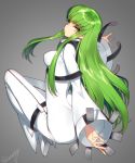  1girl ass bodysuit breasts c.c. code_geass creayus green_hair long_hair looking_at_viewer medium_breasts simple_background solo white_bodysuit yellow_eyes 