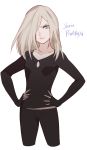  1girl androgynous artist_request black_gloves blonde_hair breasts character_name english eyelashes female fingerless_gloves genderswap genderswap_(mtf) gloves green_eyes long_hair looking_at_viewer serious simple_background small_breasts solo source_request standing white_background yuri!!!_on_ice yuri_plisetsky 