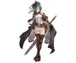  1girl belt blush boots brown_eyes coat dress granblue_fantasy green_hair herja minaba_hideo official_art open_clothes open_coat ponytail ribbon scarf solo steaming_breath sweater sweater_dress sword thigh-highs thigh_boots weapon white_background winter_clothes winter_coat 