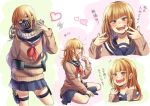  1girl :d bangs blonde_hair blunt_bangs blush boku_no_hero_academia cardigan expressions eyebrows_visible_through_hair face fangs hair_down hand_gesture happy heart long_hair long_sleeves mask neckerchief open_mouth school_uniform serafuku simple_background sitting skirt smile solo teeth text thigh_strap toga_himiko white_background yellow_eyes 