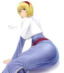  1girl absurdres alice_margatroid ass blue_dress capelet commentary_request daa_(blame2212) dress eyebrows hairband highres long_sleeves looking_at_viewer panties see-through short_hair solo thighs touhou translation_request underwear 