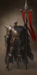  armor brown_background cape helmet highres instant_ip knight polearm signature solo spear torn_cape weapon 