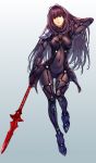  1girl bodysuit breasts covered_navel fate/grand_order fate_(series) gae_bolg highres long_hair looking_at_viewer makimura_shunsuke pauldrons polearm purple_bodysuit purple_hair red_eyes scathach_(fate/grand_order) solo spear weapon 