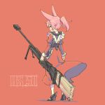  1girl animal_ears anti-materiel_rifle apron belt black_shoes broom fox_ears from_behind full_body gun high_heels looking_back maid maid_apron pas_(paxiti) pink_hair red_background rifle shoes short_ponytail sniper_rifle solo steyr_hs_.50 weapon white_legwear wrist_cuffs 
