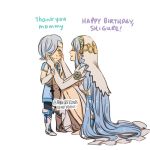  1boy 1girl aqua_(fire_emblem_if) artist_name blue_hair boots child closed_eyes darkgreyclouds dress english fire_emblem fire_emblem_if hair_over_one_eye happy_birthday headdress lowres mother_and_son shigure_(fire_emblem_if) smile squatting white_boots white_dress yellow_eyes younger 