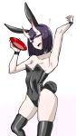  1girl animal_ears bare_shoulders black_legwear breasts bunny_tail bunnysuit choker cleavage fang fate/grand_order fate_(series) highres hips horns komusou_(jinrikisha) purple_hair rabbit_ears short_hair shuten_douji_(fate/grand_order) simple_background skindentation solo tail thighhighs thighs white_background 