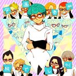  aqua_hair aqua_nails black_hair black_nails black_sclera blonde_hair cellphone closed_eyes cosplay crossed_arms curly_hair fang formaggio gelato ghiaccio ghiaccio_(cosplay) glasses grey_hair grin highres illuso jojo_no_kimyou_na_bouken melone nail_polish one_eye_closed open_mouth pesci phone prosciutto red_eyes red_nails redhead risotto_nero ruri_(347sankaku) smile sorbet sparkle tongue tongue_out translation_request 