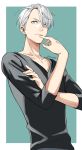  1boy 92_(artist) blue_eyes eyes_visible_through_hair finger_to_mouth hair_over_one_eye highres male_focus silver_hair upper_body viktor_nikiforov yuri!!!_on_ice 