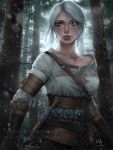  1girl breasts ciri corset dagger deviantart_username facial_scar forest freckles gloves green_eyes highres leather leather_gloves looking_at_viewer medium_breasts mirco_cabbia nature patreon_username scar sheath sheathed short_hair signature silver_hair snowing solo sword the_witcher_3 watermark weapon web_address 