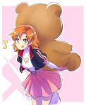  1girl alternate_costume blue_eyes cleavage_cutout commentary holding_doll iesupa jacket nora_valkyrie orange_hair pink_skirt rwby rwby_chibi skirt smile solo stuffed_animal stuffed_toy teddy_bear tongue tongue_out 