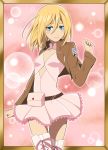  1girl absurdres blonde_hair blue_eyes boots brown_jacket christa_renz collarbone dress flat_chest highres jacket looking_at_viewer open_clothes open_jacket pink_dress rumia_(compacthuman) shingeki_no_kyojin short_hair smile solo thigh-highs thigh_boots white_boots 