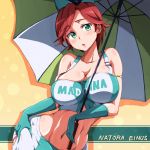  1girl armlet blush breasts character_name cleavage clothes_writing collarbone gloves green_eyes green_gloves gundam gundam_age large_breasts midriff natora_einus navel open_mouth racequeen redhead runaru shadow short_hair solo umbrella 