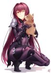  1girl armor bodysuit breasts covered_navel dog eyebrows_visible_through_hair fate/grand_order fate_(series) hair_between_eyes hair_intakes high_heels holding large_breasts long_hair okitakung one_eye_closed pauldrons puppy purple_bodysuit purple_hair red_eyes scathach_(fate/grand_order) shadow simple_background solo squatting white_background 