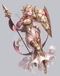  1girl :d armor armpits blonde_hair blue_background box_(hotpppink) breasts brown_legwear circlet cleavage gauntlets greaves highres holding holding_shield holding_weapon large_breasts long_hair open_mouth original polearm robe shield simple_background smile solo spear thigh-highs very_long_hair violet_eyes weapon 