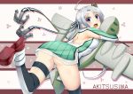  1girl ahoge aircraft airplane akitsushima_(kantai_collection) anchor_hair_ornament ass back back_cutout bangs bent_over black_legwear blush breasts character_name eyebrows_visible_through_hair from_behind grey_hair hair_ornament hair_ribbon hat hug kantai_collection kikumon leg_up long_hair long_sleeves looking_at_viewer medium_breasts mini_hat miniskirt open_mouth pleated_skirt ribbon rudder_shoes see-through shoe_soles side_ponytail silver_hair skirt solo sorano_(12gou) standing standing_on_one_leg stuffed_toy surprised thigh-highs thigh_strap two-tone_legwear very_long_hair violet_eyes 