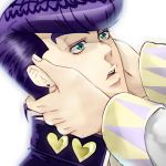  1boy earrings face green_eyes heart higashikata_jousuke jewelry jojo_no_kimyou_na_bouken kuujou_joutarou male_focus open_mouth pompadour purple_hair solo_focus stud_earrings umeno_umeko 