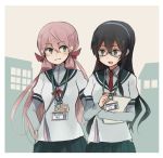  2girls akashi_(kantai_collection) annin_musou badge black_hair blue_eyes blue_skirt glasses green_eyes hair_ribbon hairband hand_on_hip hip_vent holding_paper kantai_collection lanyard long_hair long_sleeves multiple_girls ooyodo_(kantai_collection) open_mouth paper pink_hair pleated_skirt ribbon school_uniform semi-rimless_glasses serafuku skirt smile tress_ribbon twintails under-rim_glasses 