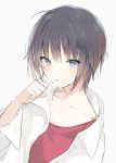  1girl :q ahoge bangs black_hair blouse blue_eyes closed_mouth collarbone eyebrows_visible_through_hair food food_on_face hair_between_eyes hand_up looking_at_viewer lpip original oversized_clothes oversized_shirt red_blouse shirt short_hair simple_background smile solo tomboy tongue tongue_out upper_body white_background 