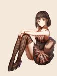  1girl absurdres bangs black_shoes brown_background brown_hair brown_legwear brown_skirt corset eyebrows_visible_through_hair frilled_skirt frills full_body hands_on_own_knees high_heels highres katou_megumi light_smile looking_at_viewer over-kneehighs own_hands_together pillow red_flowers saenai_heroine_no_sodatekata shoes short_hair simple_background sitting skirt sleeveless smile solo striped striped_legwear thigh-highs thighs 