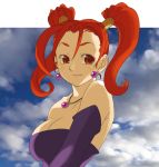  1girl bare_shoulders breasts brown_hair cleavage dragon_quest dragon_quest_viii earrings jessica_albert jewelry large_breasts long_hair looking_at_viewer orange_eyes purple_shirt shirt simple_background solo twintails yokoshima_tomoaki 