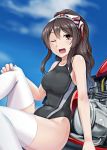  1girl 8000 ashigara_(kantai_collection) black_hair black_swimsuit brown_eyes competition_swimsuit ground_vehicle kantai_collection long_hair looking_at_viewer motor_vehicle motorcycle one-piece_swimsuit one_eye_closed open_mouth ponytail sitting smile solo swimsuit white_legwear 