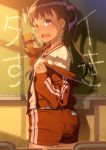 1girl annoyed ass brown_eyes brown_hair chair chalkboard classroom desk from_behind gym_uniform hair_bobbles hair_ornament jacket long_hair looking_back off_shoulder open_mouth original pairan short_shorts shorts shouting solo track_jacket twintails 