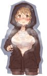  1girl 7010 black_legwear blush breasts brown_eyes brown_hair coat head hooded_coat idolmaster idolmaster_cinderella_girls large_breasts looking_at_viewer mimura_kanako no_bra open_mouth pantyhose see-through short_hair simple_background solo sweat wet wet_clothes white_background 