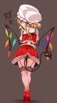  1girl ass blonde_hair fang flandre_scarlet full_body garter_straps hat highres lace lace-trimmed_thighhighs laevatein_(tail) looking_at_viewer looking_back mob_cap red_eyes red_shoes red_skirt shamo_(koumakantv) shoes side_ponytail simple_background sketch skirt skirt_set smile solo tail thigh-highs tiptoes touhou white_legwear wings 