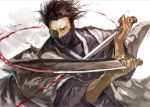  1boy black_hair blood character_request dual_wielding face_mask fighting_stance gladius japanese_clothes male_focus mask matsuba_(idiotlantern) messy_hair pinky_out reverse_grip serious short_hair short_sword solo sword weapon 