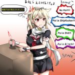  1girl anger_vein angry blonde_hair breasts commentary_request english hair_flaps hair_ornament hair_ribbon hairclip kantai_collection komatinohu large_breasts red_eyes ribbon scarf school_uniform self_destruct_button serafuku solo tears translation_request world_of_warships yuudachi_(kantai_collection) 