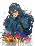  1girl arm_behind_back armor artist_name blue_eyes blue_hair blush darkgreyclouds fingerless_gloves fire_emblem fire_emblem:_kakusei flower gloves long_hair lucina open_mouth petals solo tiara 