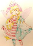  1girl american_flag_dress american_flag_legwear blonde_hair blush closed_eyes clownpiece curtsey dress dress_lift fairy_wings hat head_tilt highres imomushiusagi jester_cap long_hair neck_ruff pantyhose short_sleeves smile solo touhou traditional_media very_long_hair wings 