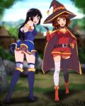  2girls aqua_(konosuba) aqua_(konosuba)_(cosplay) ass bandage bare_shoulders black_hair blush brown_hair cape cosplay fingerless_gloves gloves hat hibike!_euphonium highres kono_subarashii_sekai_ni_shukufuku_wo! kousaka_reina long_hair looking_at_viewer megumin megumin_(cosplay) multiple_girls no_panties open_mouth oumae_kumiko sbel02 short_hair single_thighhigh thigh-highs violet_eyes witch_hat 