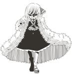  1girl coat cosplay donquixote_doflamingo donquixote_doflamingo_(cosplay) frilled_skirt frills full_body grin hair_ribbon jagabutter monochrome one_piece ribbon rumia short_hair skirt smile sunglasses touhou vest 