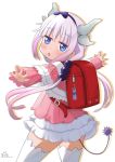  1girl backpack bag blue_eyes chestnut_mouth commentary_request dragon_girl dragon_horns dragon_tail hair_bobbles hair_ornament highres horns kanna_kamui kobayashi-san_chi_no_maidragon lavender_hair long_hair looking_at_viewer low_twintails maisama outstretched_arms randoseru simple_background solo spread_arms tail thigh-highs twintails white_background zettai_ryouiki 