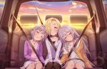  3girls ^_^ ahoge black_legwear blonde_hair blush braid car car_interior choker closed_eyes drooling ground_vehicle hair_ornament hair_over_one_eye hair_ribbon hairclip hand_holding hoshi_shouko idolmaster idolmaster_cinderella_girls idolmaster_cinderella_girls_starlight_stage jewelry koshimizu_sachiko long_hair motor_vehicle multiple_girls necklace official_art open_mouth pantyhose pink_ribbon purple_hair ribbon seatbelt shirasaka_koume silver_hair single_braid sitting sleeves_past_wrists smile vehicle 