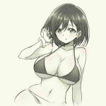  1girl bikini blush bracelet breasts cleavage curvy earrings eyebrows greyscale hair_flip jewelry large_breasts looking_at_viewer monochrome navel parted_lips pas_(paxiti) short_hair sideboob sketch solo spot_color strap_gap swimsuit under_boob upper_body wide_hips 