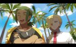  2boys blonde_hair blue_sky braid clouds crossed_arms gladio_(pokemon) green_eyes green_hair hair_over_one_eye hau_(pokemon) letterboxed long_hair low_ponytail multiple_boys necktie older palm_tree pokemon pokemon_(game) pokemon_sm ponytail red_necktie short_hair single_braid sky tree tree_shade wadani_hitonori 