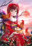 1girl animal animal_on_shoulder bangs bare_tree basket bird blunt_bangs blush bow brown_hair chick chicken egg eyebrows_visible_through_hair flower fur_trim hair_bow holding_basket japanese_clothes kimono long_sleeves looking_at_viewer marmoset0 obi open_mouth original red_bow rooster sash side_ponytail sitting smile snow solo teeth tree wide_sleeves yellow_eyes 