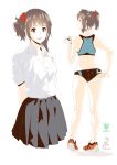 1girl adjusting_clothes ass back breasts brown_eyes brown_hair dated highres kunami_himehiko looking_at_viewer midriff navel original panties parted_lips pleated_skirt school_uniform shoes side_ponytail simple_background skirt sneakers solo stopwatch teeth track_uniform underwear watch white_background 