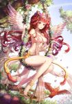  1girl animal anklet bangs bare_shoulders barefoot bird blue_sky blunt_bangs bracelet braid breasts cleavage curly_hair day dress eyelashes feathered_wings feet flower full_body gabiya goddess hair_flower hair_ornament highres jewelry large_breasts legs long_hair monster naeun_(pinky1866) necklace phoenix plant redhead revealing_clothes side_bun sideboob sitting sky smile solo spread_wings talons tassel toes tree tree_of_savior very_long_hair white_wings wings 