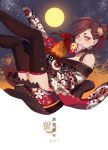  1girl 2017 bare_shoulders bird braid brown_hair chicken eyeliner full_moon hair_bun hair_ornament hair_stick highres horns japanese_clothes makeup moon night night_sky original pointy_ears rin2010 rooster sky solo thigh-highs translation_request twin_braids yellow_eyes 