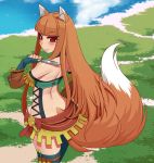  1girl animal_ears brown_hair fingerless_gloves gloves holo knife kuroonehalf long_hair red_eyes smile solo spice_and_wolf tail wolf_ears ys 