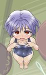  1girl blue_swimsuit blush bowl commentary_request looking_up minigirl needle one-piece_swimsuit purple_hair red_eyes school_swimsuit shiny shiny_clothes short_hair solo standing sukuna_shinmyoumaru swimsuit touhou winn 
