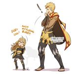  1boy 1girl artist_name blonde_hair cape child circlet darkgreyclouds english father_and_daughter fire_emblem fire_emblem_if hands_clasped lowres odin_(fire_emblem_if) open_mouth ophelia_(fire_emblem_if) sandals smile younger 