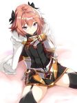  1boy black_legwear blush braid cape fate/apocrypha fate_(series) kanameya long_hair looking_at_viewer male_focus pink_hair rider_of_black smile solo thigh-highs trap 