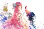  1girl 2017 ahoge animal bangs bare_shoulders bird birdcage blue_flower breasts butterfly cage chicken commentary detached_collar earrings feathers flower from_side gloves hair_flower hair_ornament happy_new_year jewelry kinokohime_(mican02rl) large_breasts long_hair looking_at_another new_year original parted_lips petals redhead rooster sitting smile solo very_long_hair white_background white_gloves year_of_the_rooster yellow_eyes 
